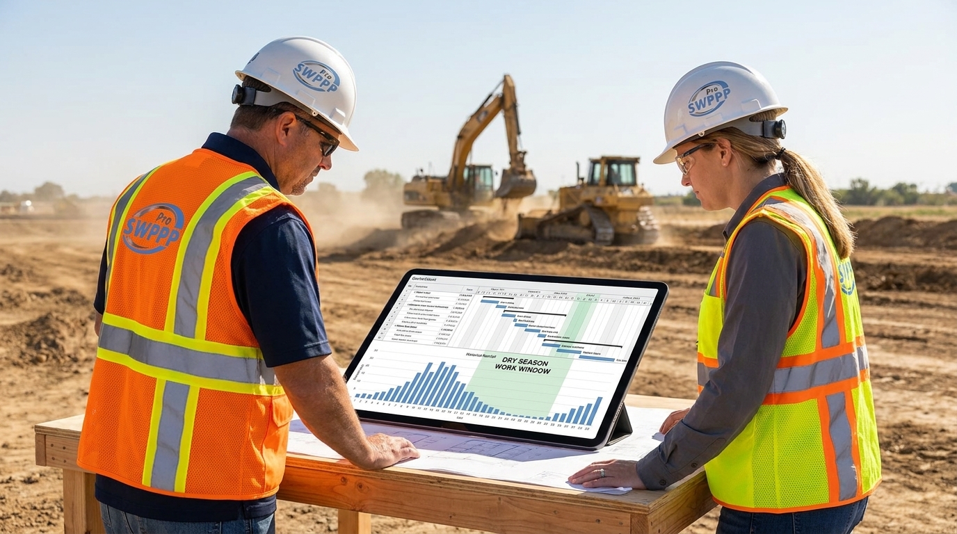 Image: Construction schedule Gantt chart overlay on rainfall graph showing dry-season work window