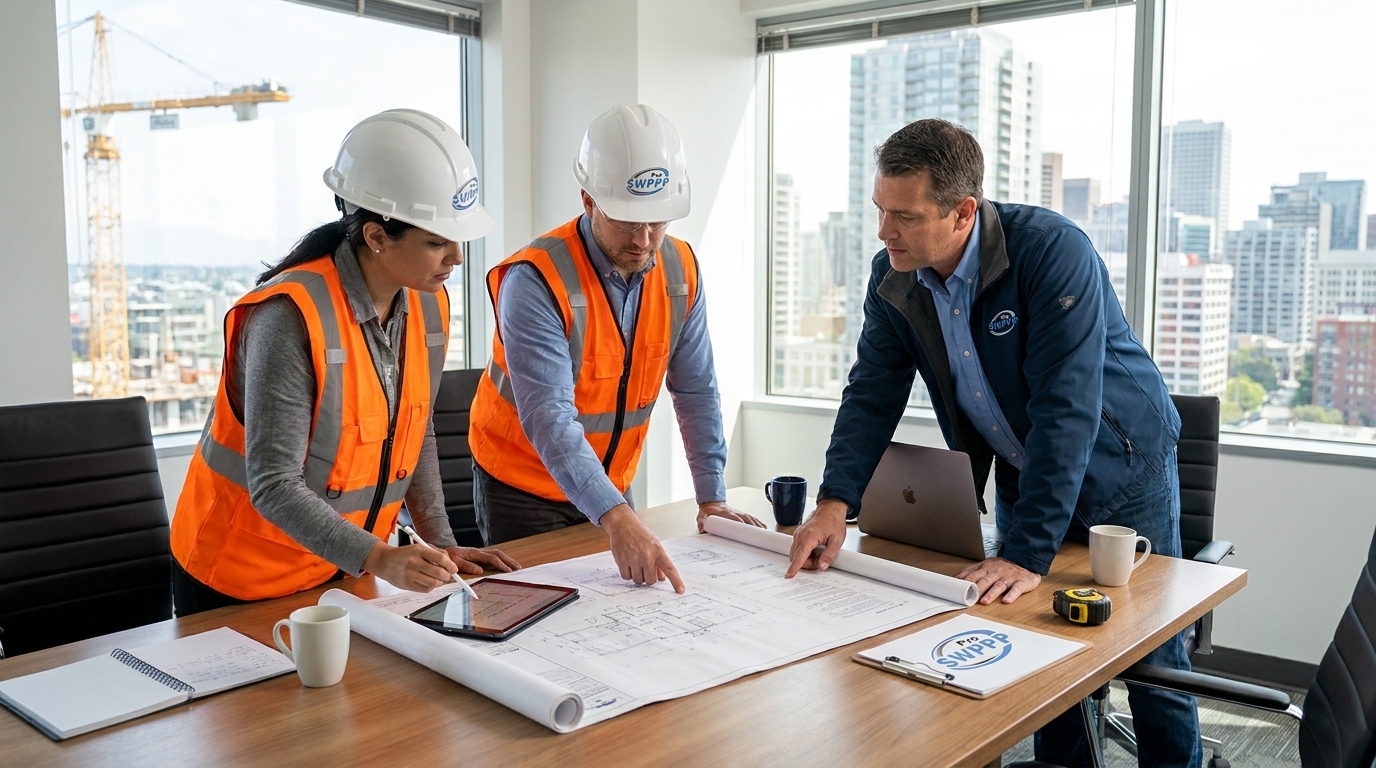 Image: Pro SWPPP team reviewing construction site plans with contractor in office setting