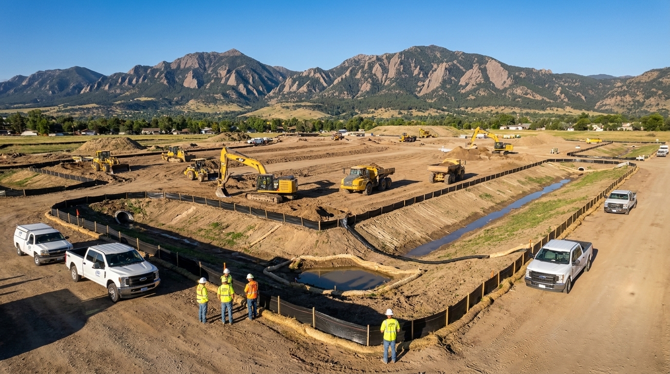Image: Aerial view of active Colorado construction site with mountains in background, silt fences and erosion controls visible