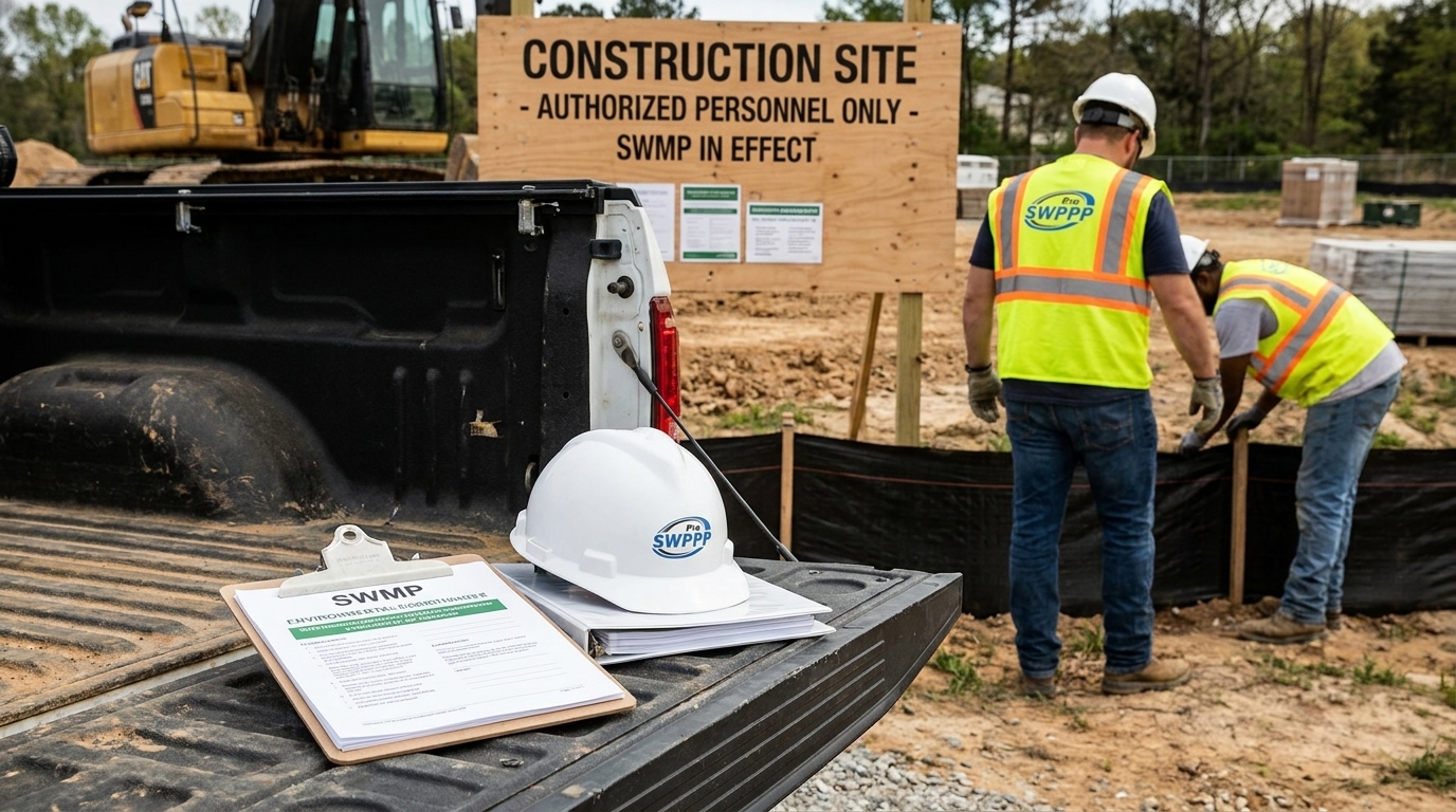 Image: Construction site entrance sign with SWMP documentation folder and hard hat on tailgate of truck