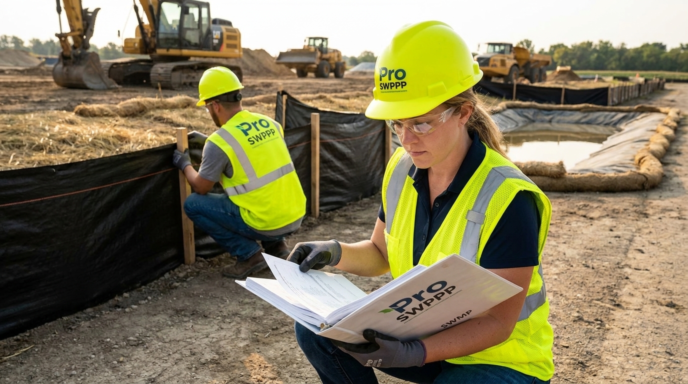 Image: Inspector reviewing SWMP binder at construction site with erosion controls in background