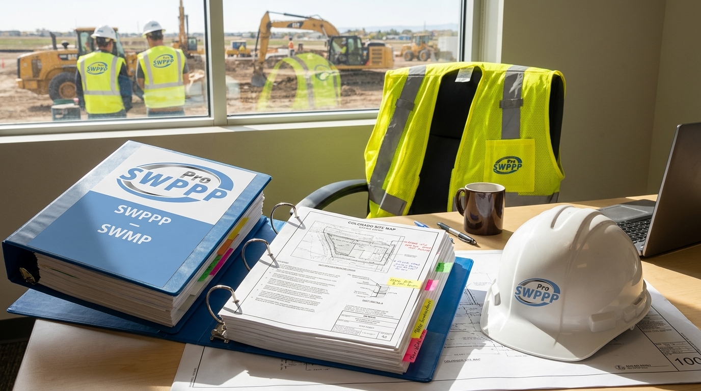 Image: Pro SWPPP branded SWMP binder open on desk with Colorado site map and BMP details visible
