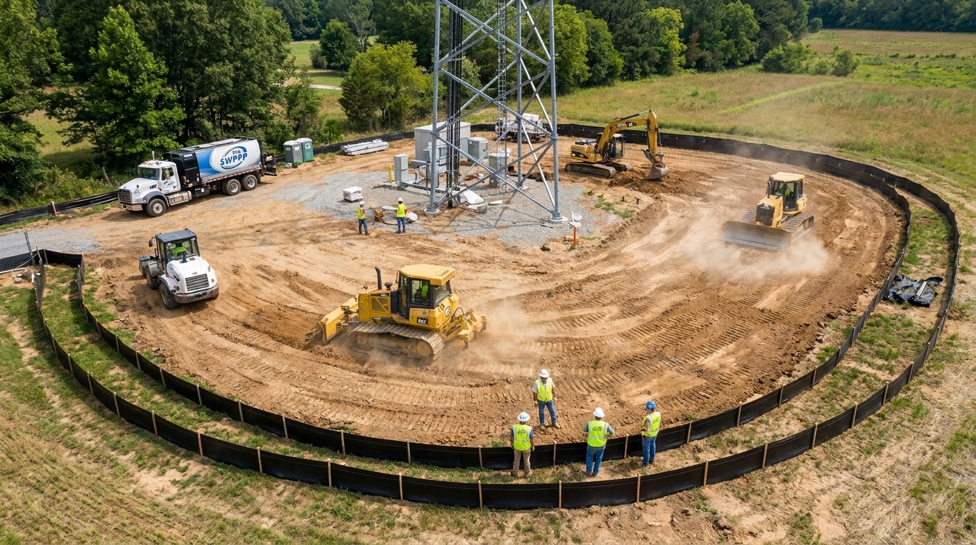 Aerial view of a cell tower construction site with perimeter silt fence and active grading
