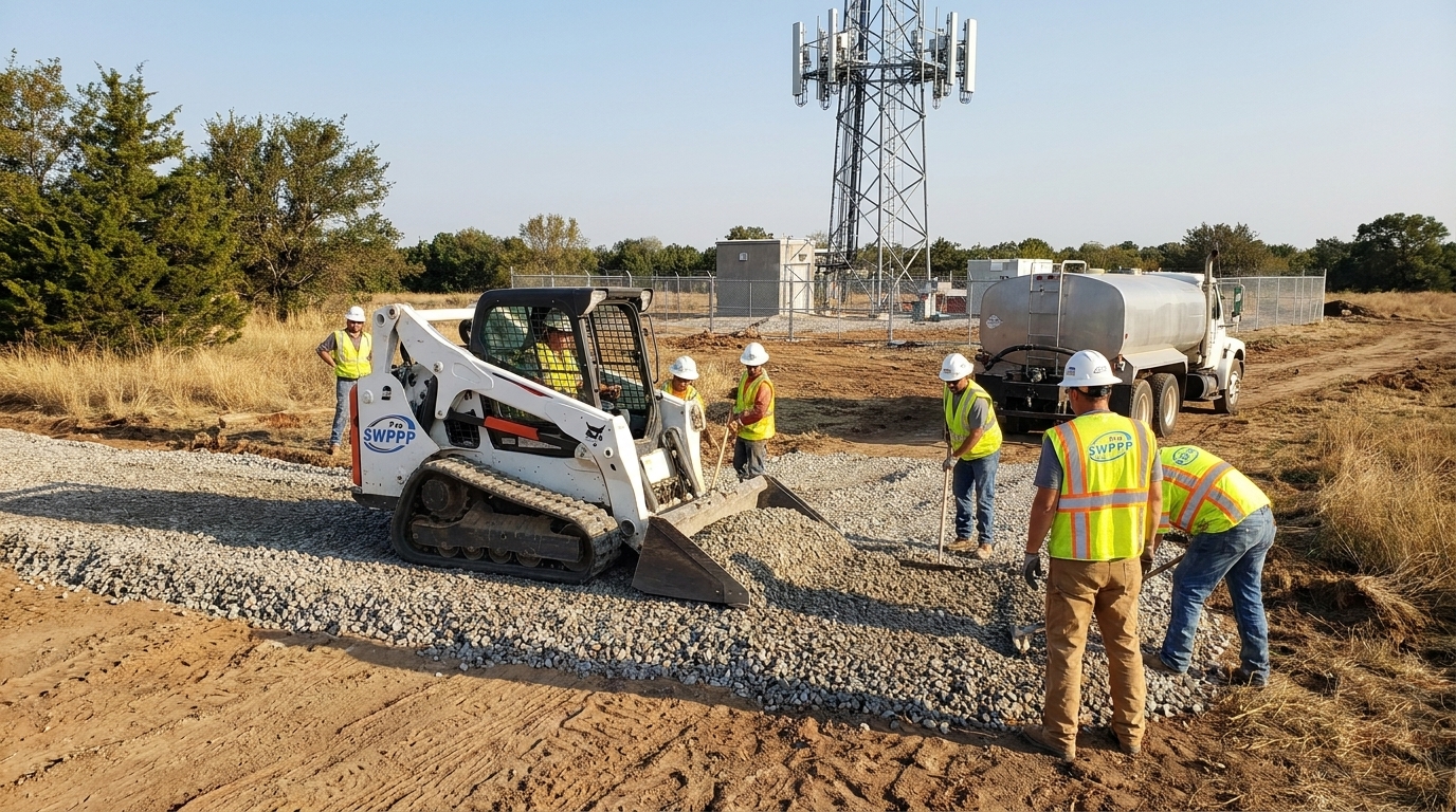 Construction crew installing a stabilized rock construction entrance at a tower site access point
