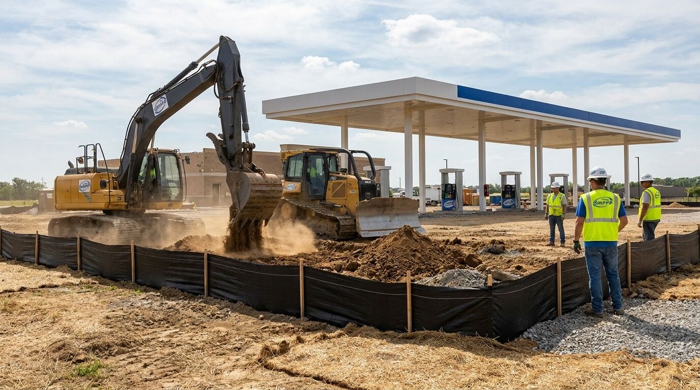 Construction site for new gas station with grading equipment and silt fence visible