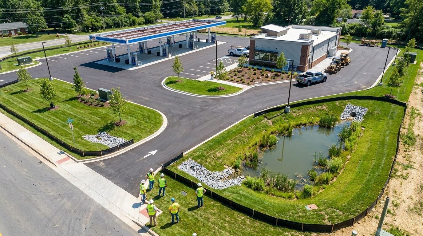 Aerial view of completed gas station with paved parking, landscaping, and stormwater controls in place