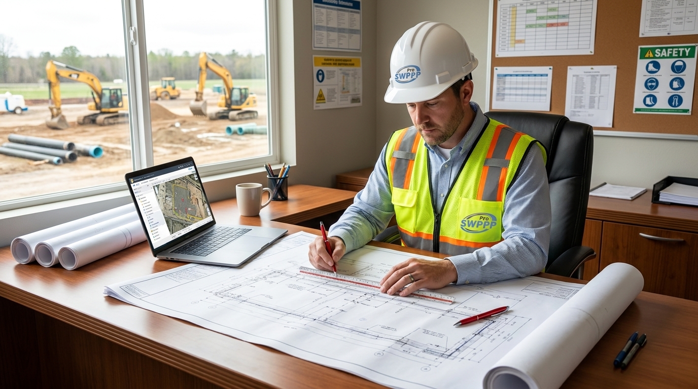 Pro SWPPP professional reviewing linear waterline plans at a construction office desk with blueprints and laptop