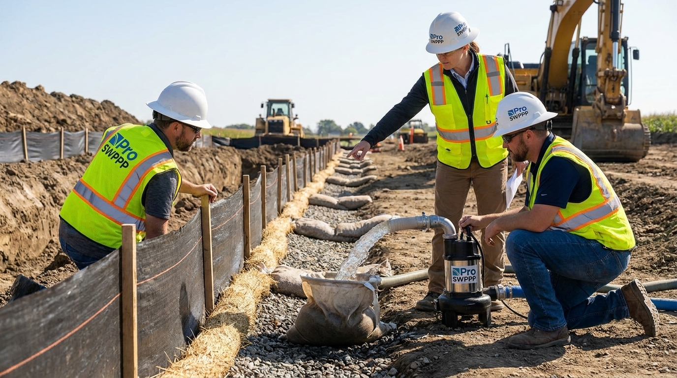 EPA inspector examining trench dewatering setup with silt fence and sediment control BMPs at a waterline construction site