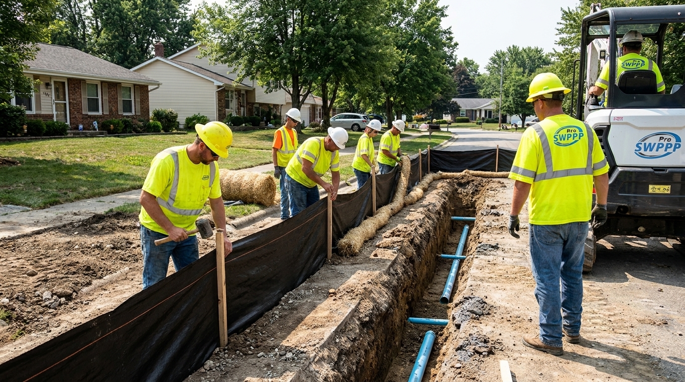 Construction crew installing silt fence and erosion control measures along an open waterline trench in a residential neighborhood