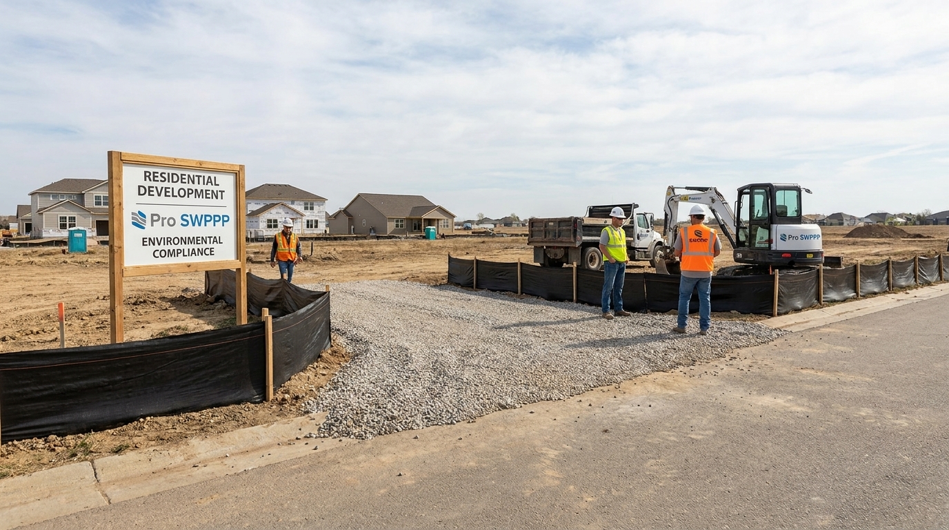 Image description: Construction site entrance with stabilized gravel access point, silt fence installation, and signage visible at residential development