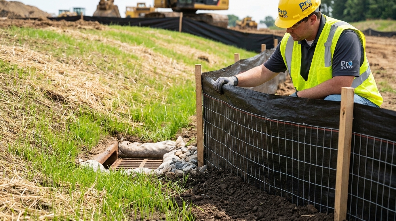 Image description: Close-up of sediment control measures including silt fence, inlet protection, and temporary seeding on construction slope