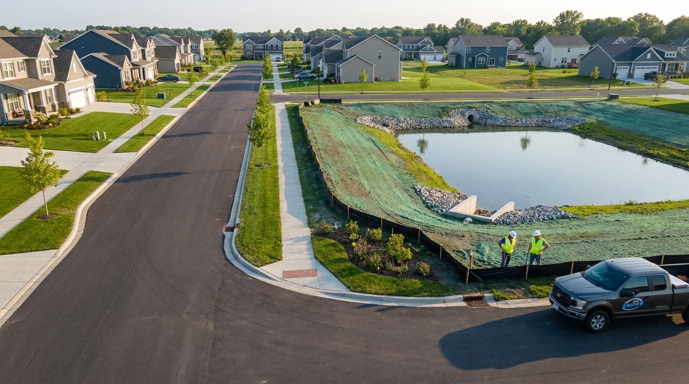 Image description: Completed residential subdivision with permanent landscaping, paved roads, and stormwater infrastructure visible