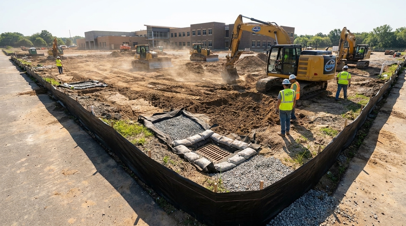 Wide shot of a school construction site with perimeter silt fence and inlet protection installed
