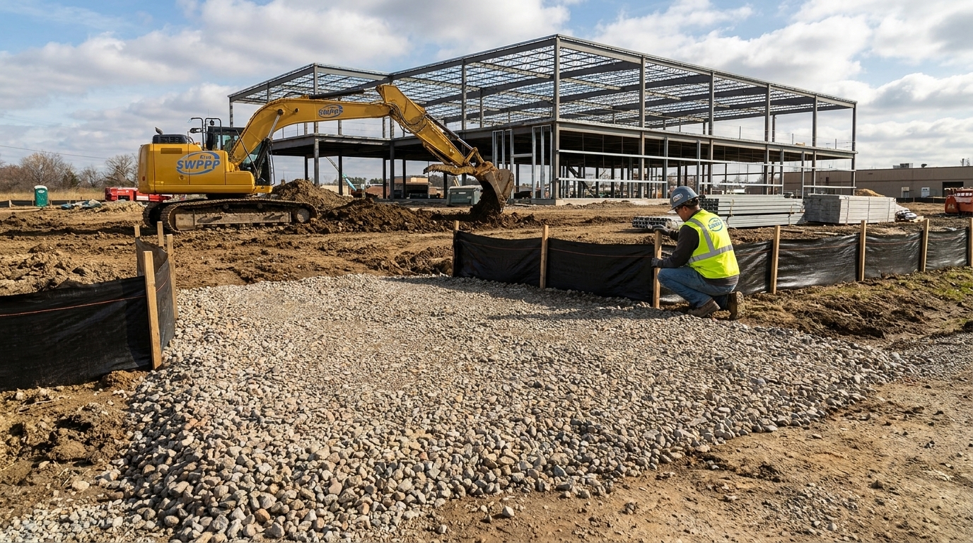Close-up of a municipal building site with stabilized construction entrance and perimeter controls