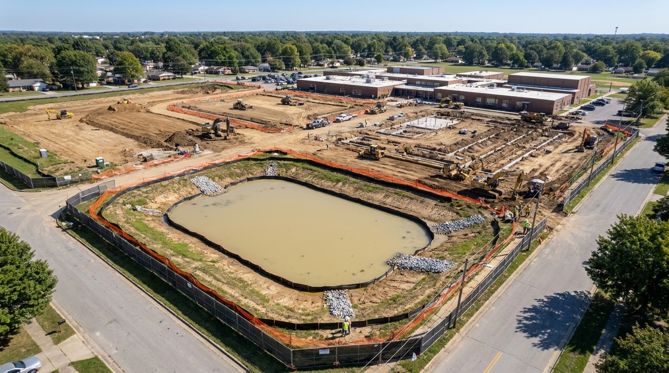 Aerial view of a school site with sediment basin, perimeter controls, and phased grading