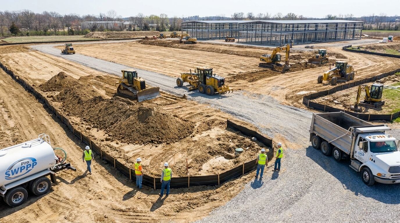 Wide shot of a self-storage construction site with cleared land, grading equipment, and perimeter silt fence installed
