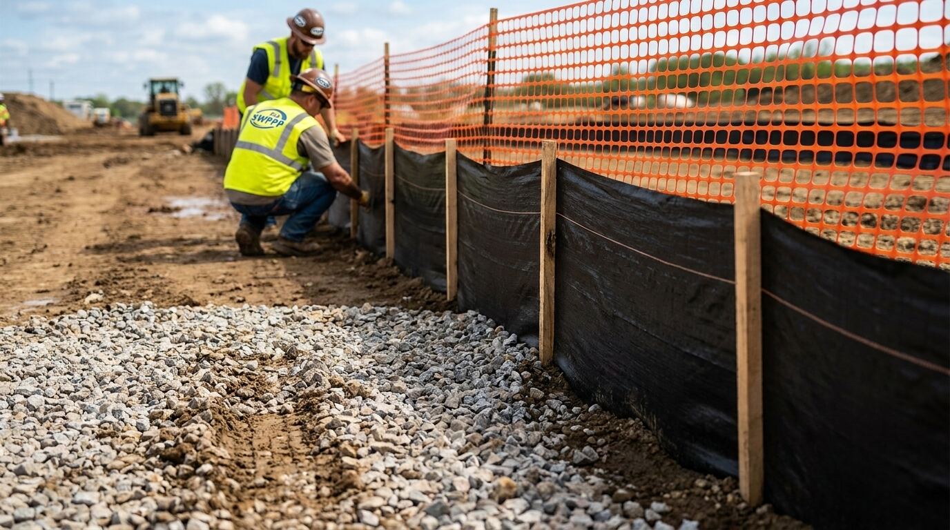 Close-up of perimeter silt fence with orange construction fencing, stakes, and a stabilized construction entrance with gravel