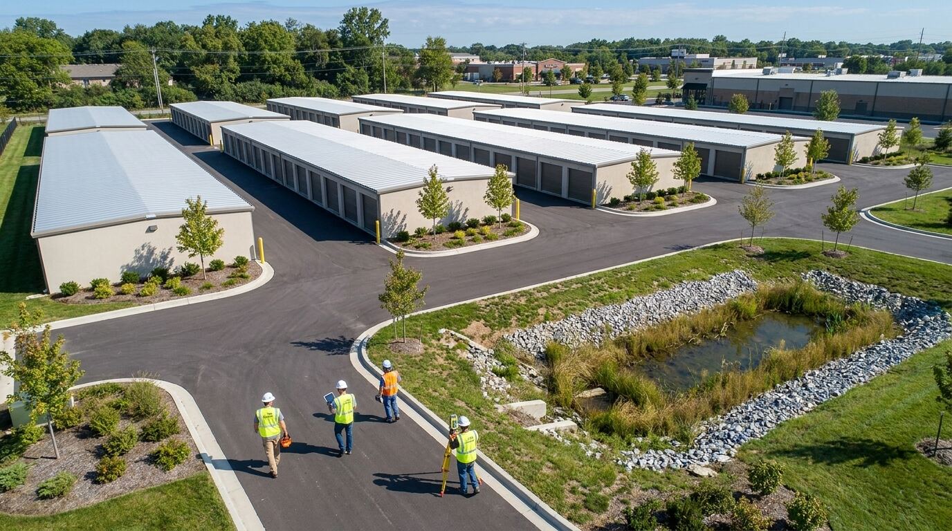 Aerial view of a completed self-storage facility with green landscaping, paved driveways, and stormwater detention basin visible