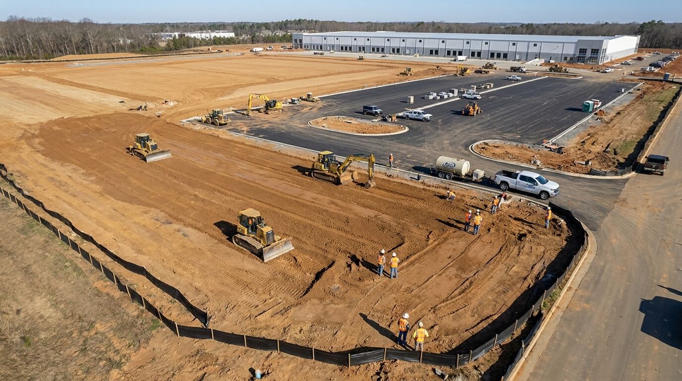 Image: aerial view of large warehouse construction site with exposed grading, perimeter silt fence, and paved truck yards under development