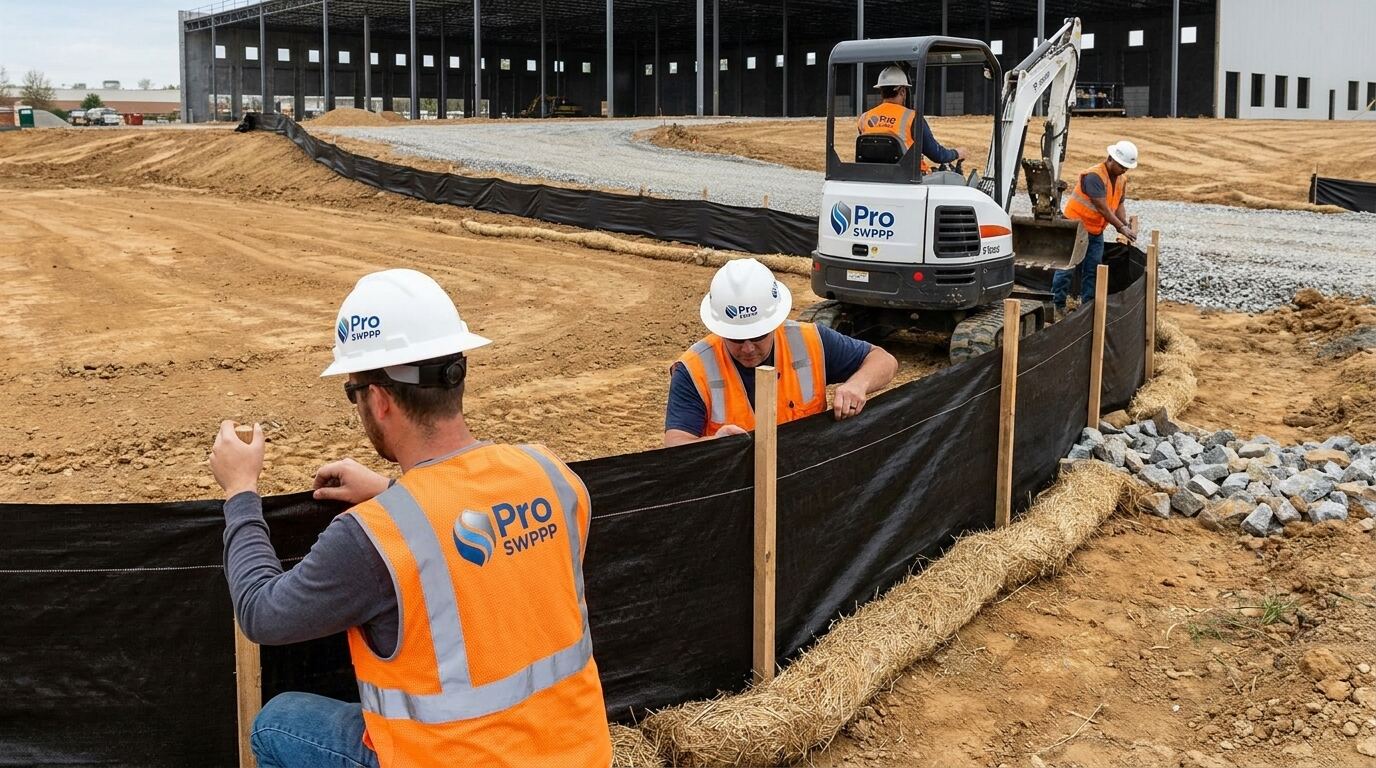 Image: close-up of perimeter silt fence installation around graded warehouse pad with sediment control BMPs and stabilized entrance visible