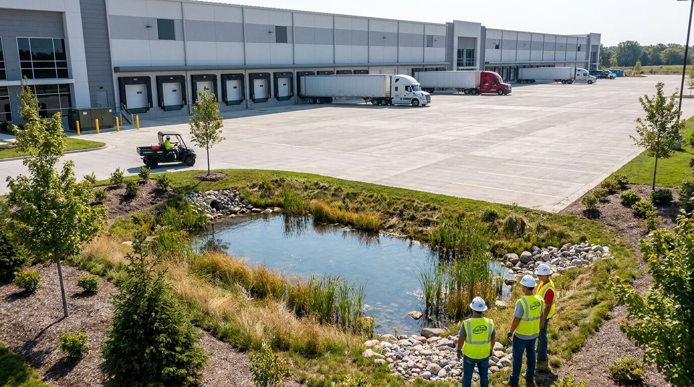 Image: completed modern distribution center with enclosed loading docks, paved truck courts, stormwater detention pond, and landscaped perimeter