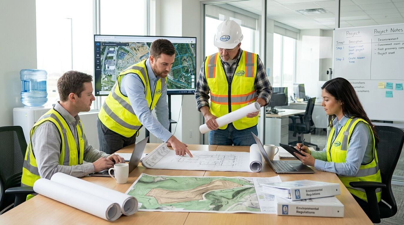 Image: Pro SWPPP team reviewing construction plans and site maps with contractor in office setting