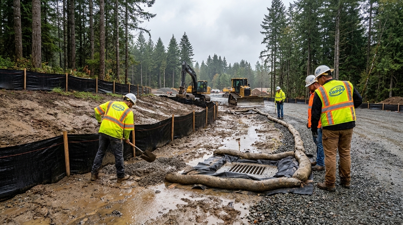 Washington construction site with erosion controls and a sediment pond during wet weather