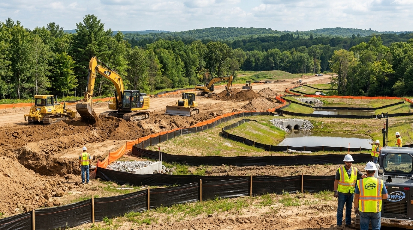 Michigan construction site with soil erosion and sedimentation controls installed along a disturbed slope