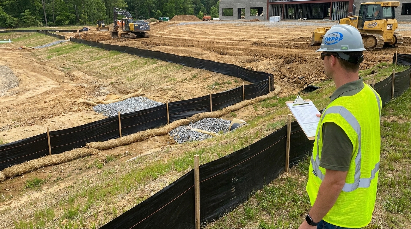 Construction site with silt fence and erosion controls, inspector in hi-vis vest recording an inspection