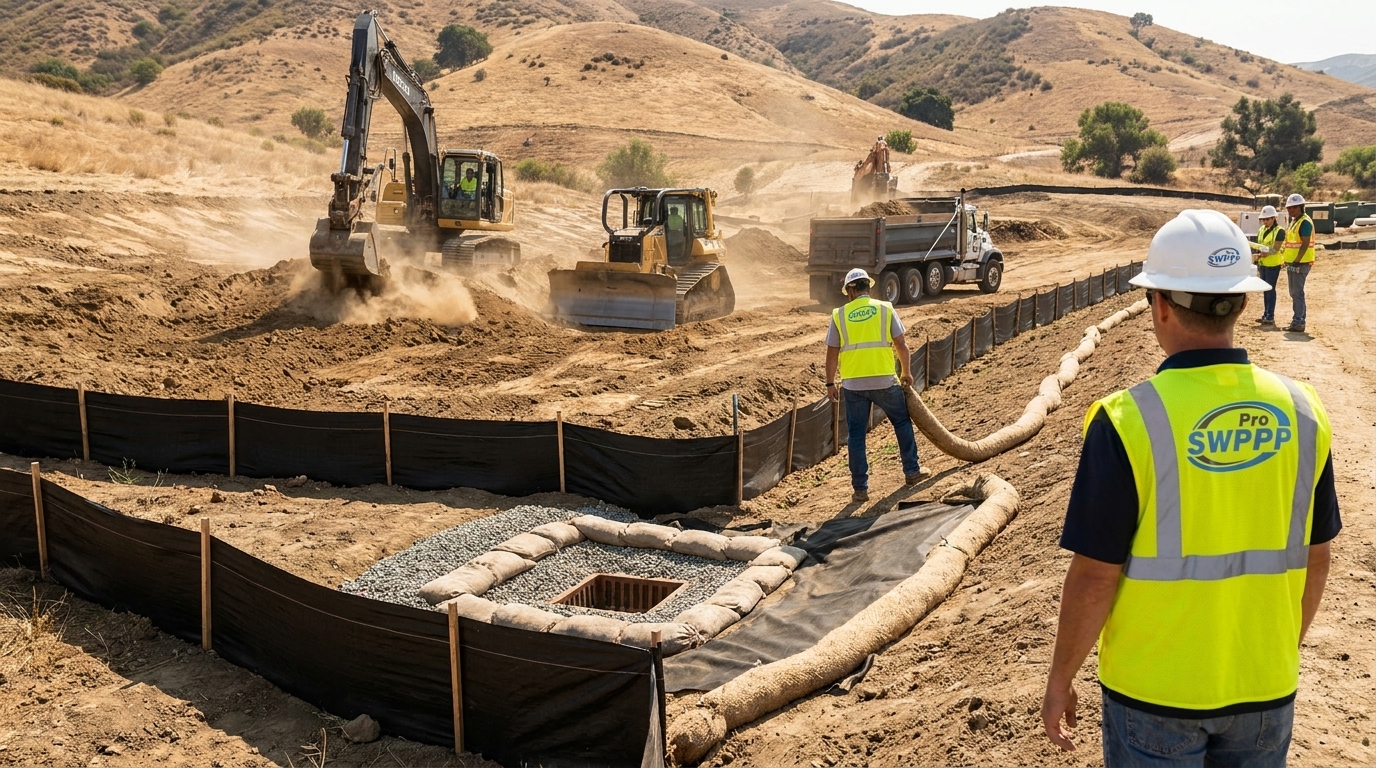 Construction site in California with erosion control barriers and storm drain protection