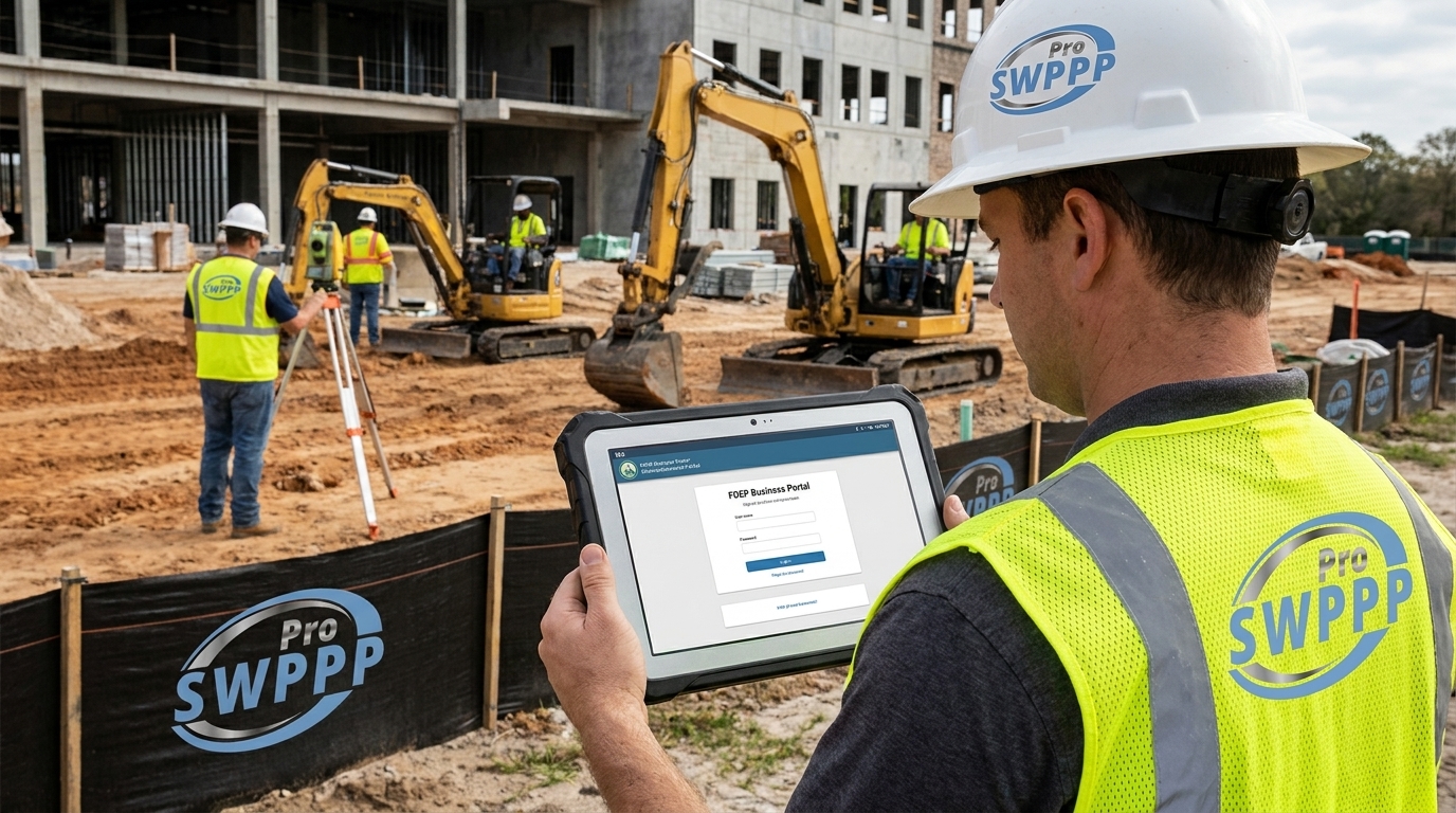 Construction site with tablet showing FDEP Business Portal login screen