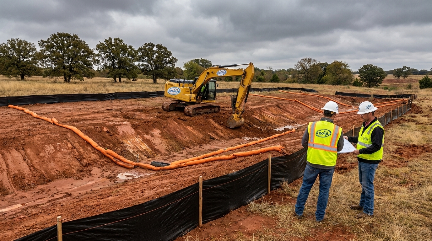 Oklahoma construction site with excavator and visible erosion controls