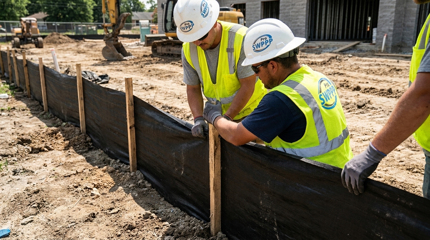 Close-up of silt fence installation at construction perimeter