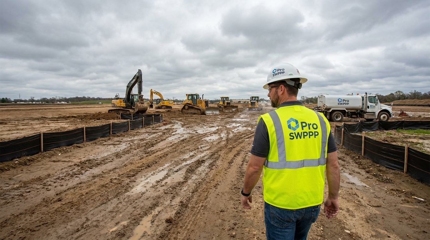 Wide-angle photo of a contractor walking a construction site with dirt lots, silt fences, and heavy equipment in the background under an overcast sky