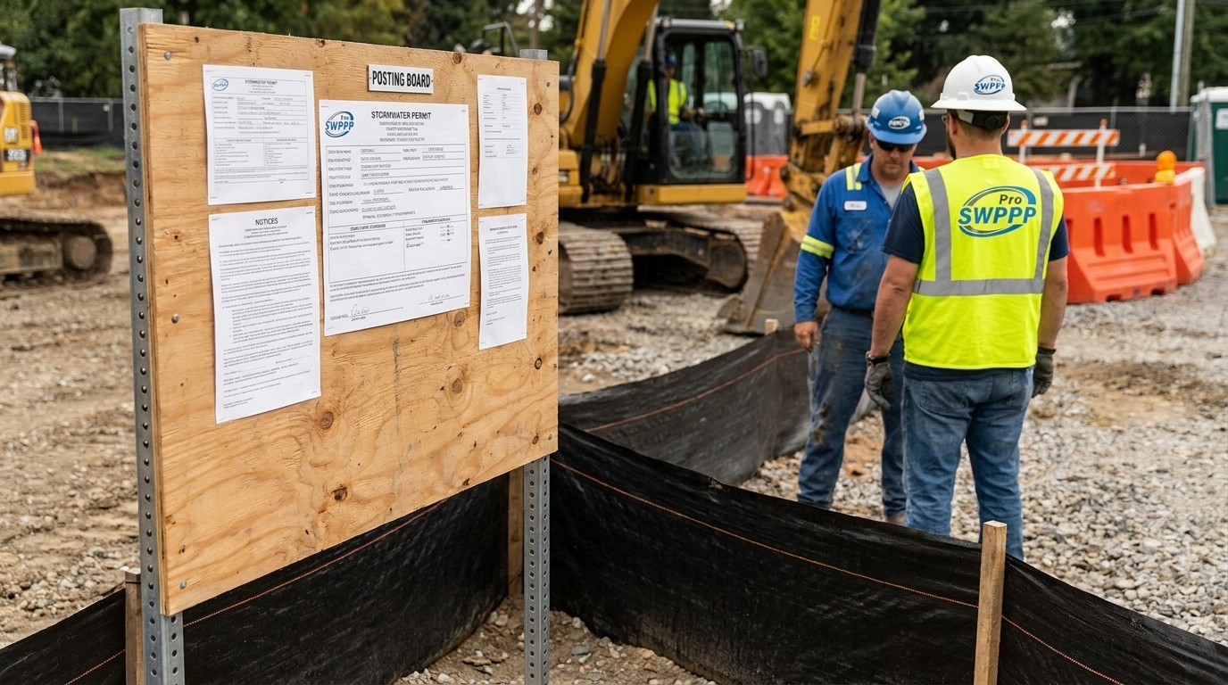 Close-up photo of a construction site entrance with a stormwater permit posting board and silt fence along the perimeter