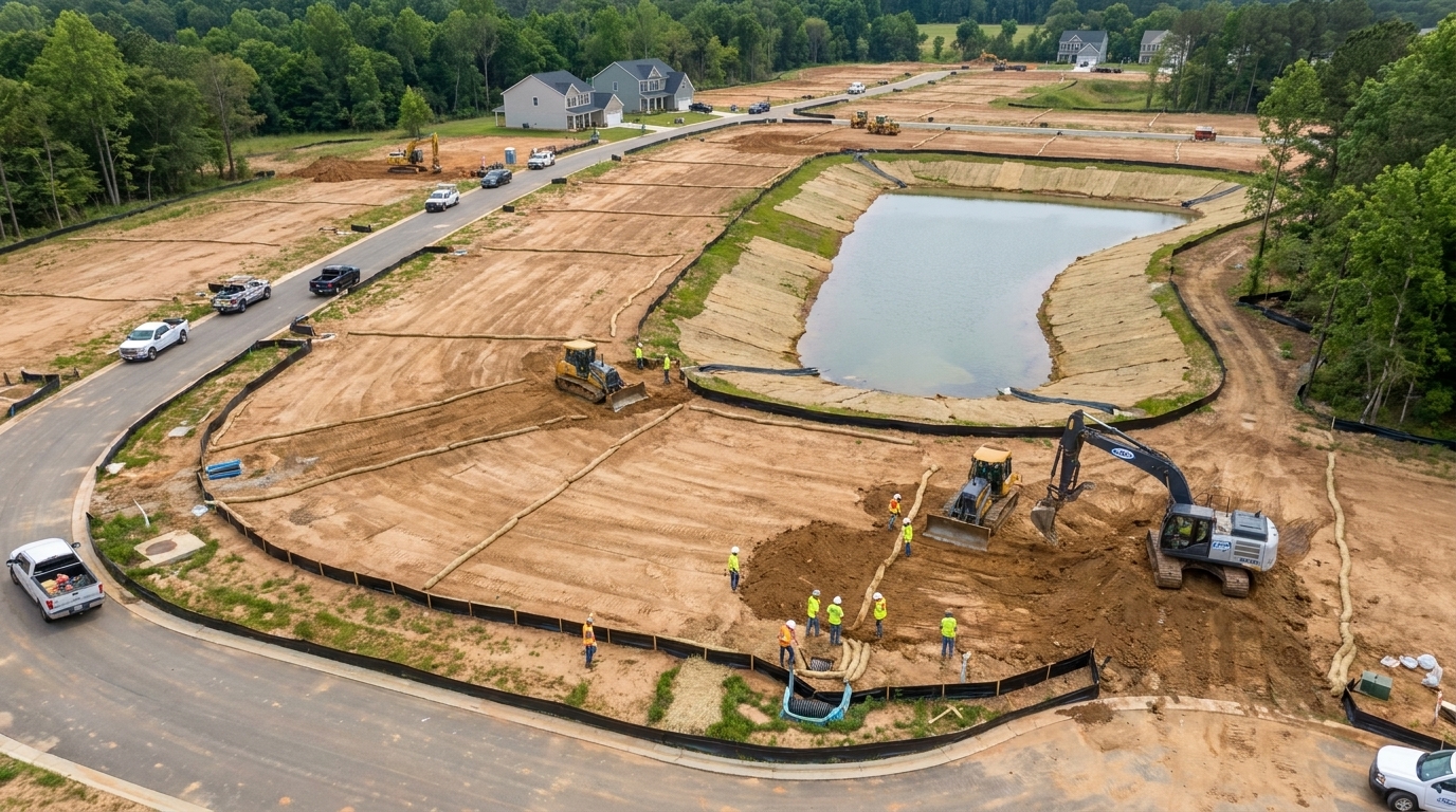 Aerial view of a large residential subdivision with graded lots, temporary erosion control measures, and a retention pond