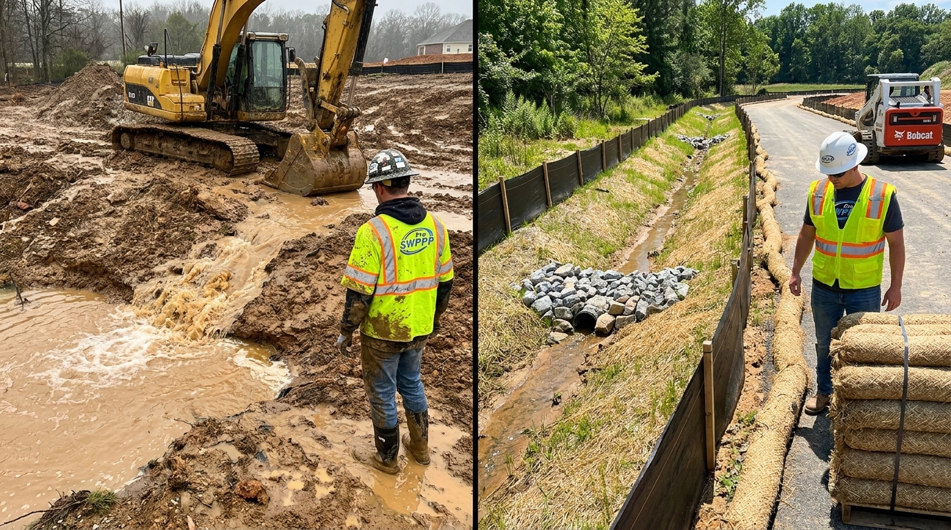 Split-screen image showing a muddy construction site with sediment runoff on the left and a clean, controlled site with proper BMPs on the right