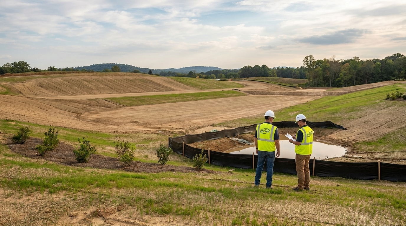 Construction site with final grading complete, sparse vegetation establishing, and no active equipment or stockpiles visible