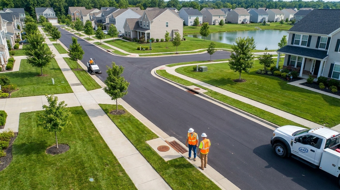 Aerial photograph of completed residential subdivision showing established lawns, paved streets, and permanent stormwater inlets with no exposed soil