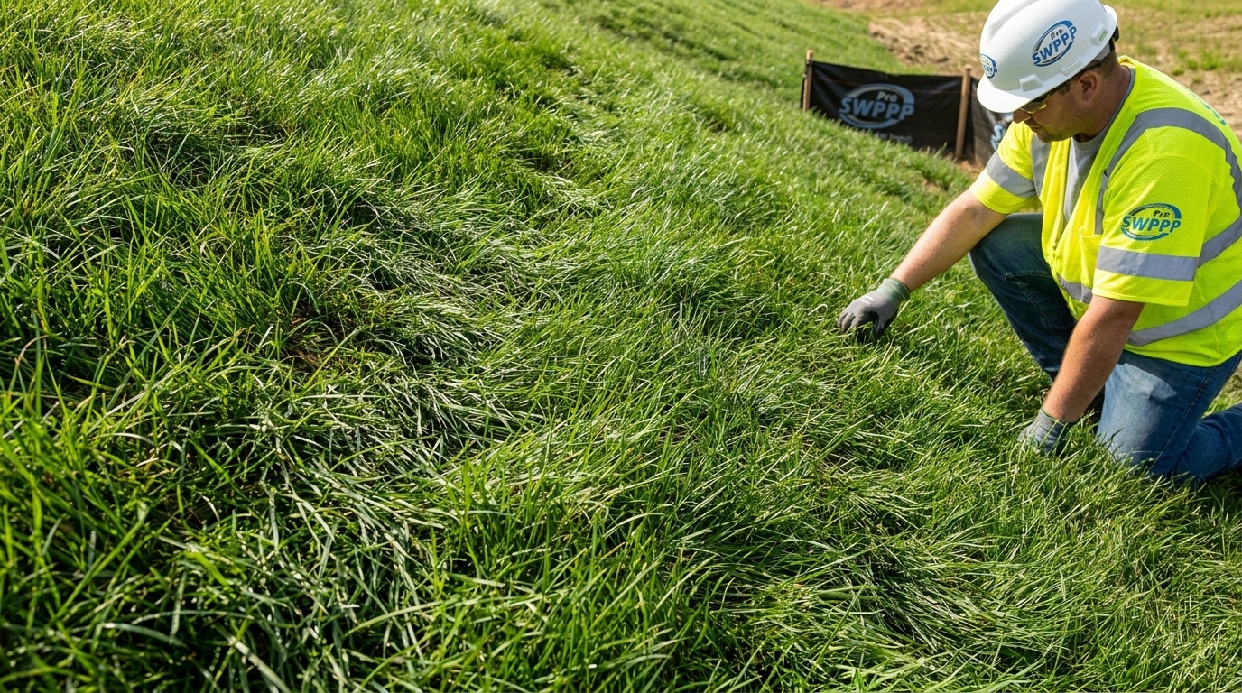 Close-up of dense, established perennial grass cover on a previously graded slope with no visible erosion or bare patches