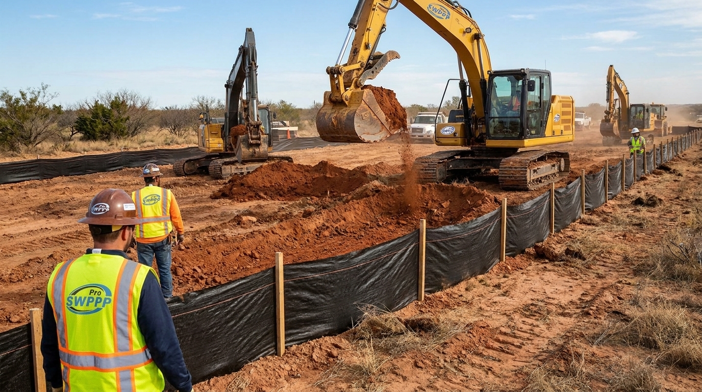 Texas construction site with excavators moving earth and silt fence installed along perimeter