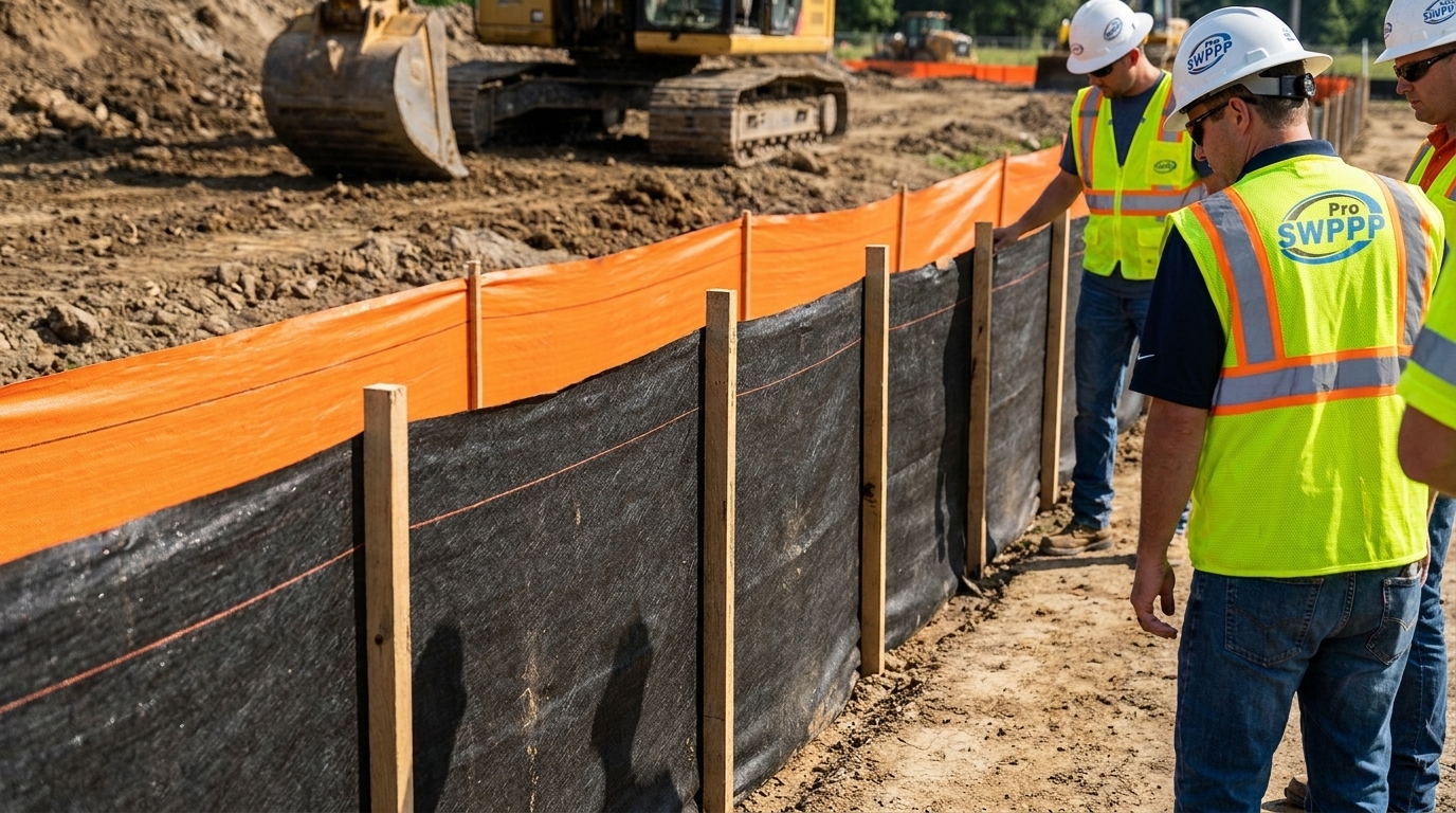 Close-up of silt fence installed with wooden stakes and bright orange barrier along construction zone