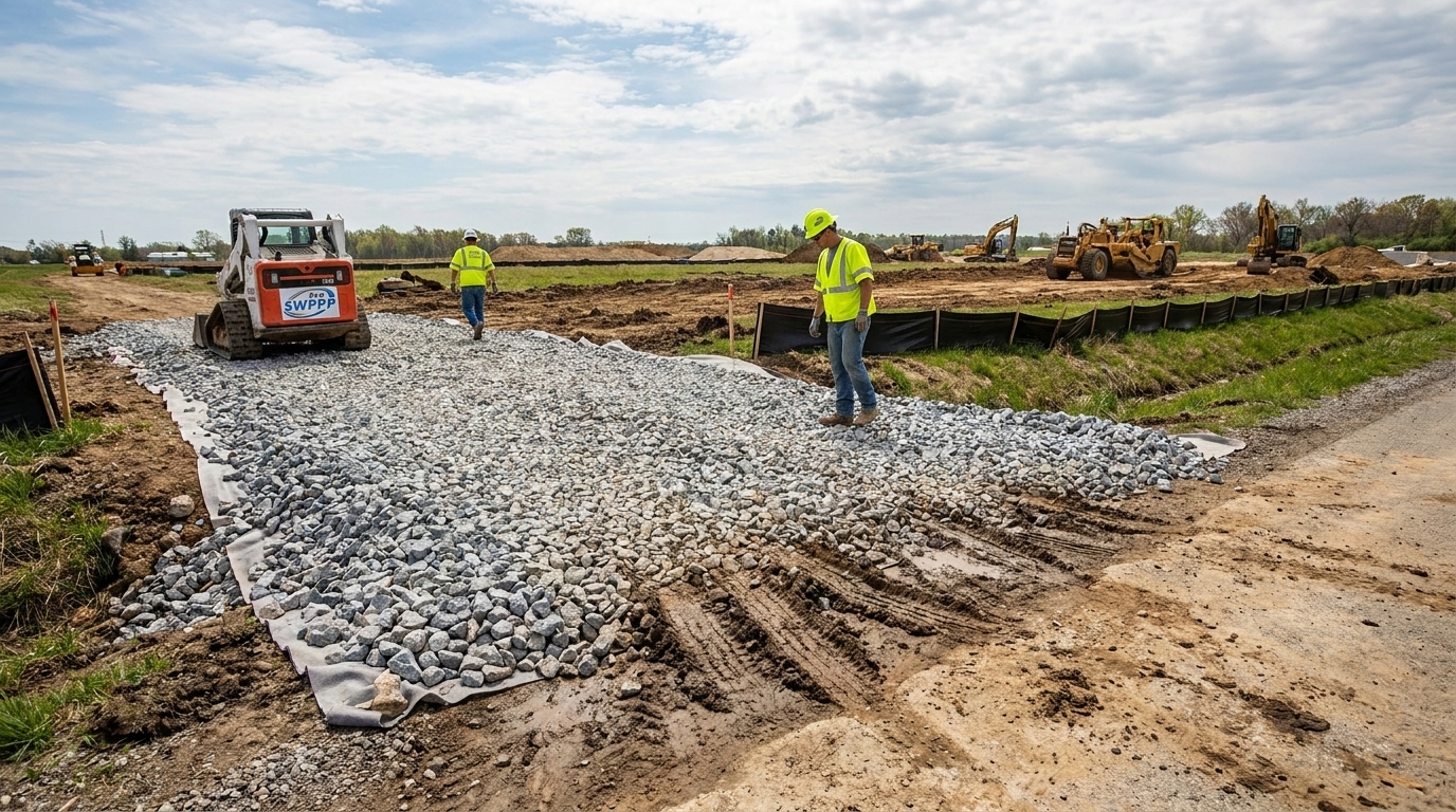 Stabilized construction entrance with crushed rock and geotextile fabric at site access point