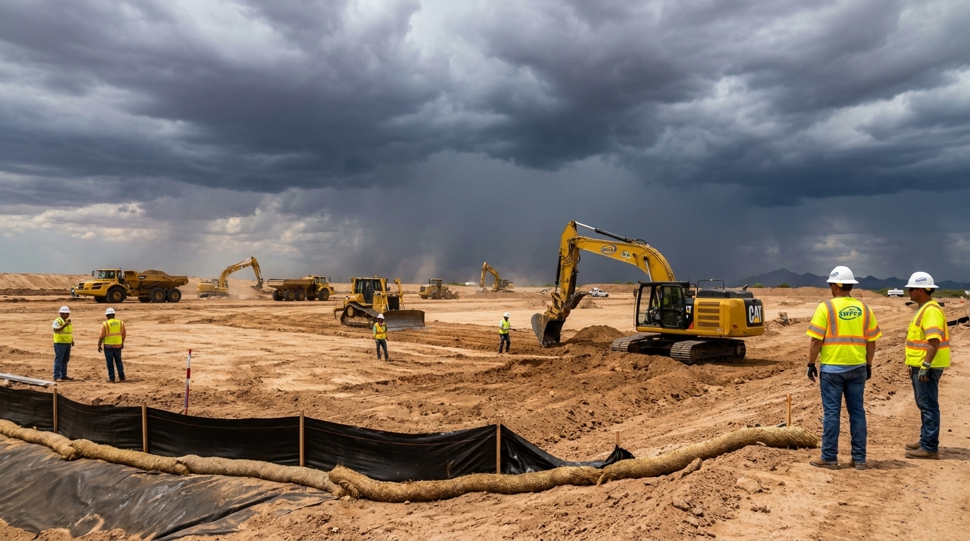 Arizona construction site with erosion controls on dry desert terrain