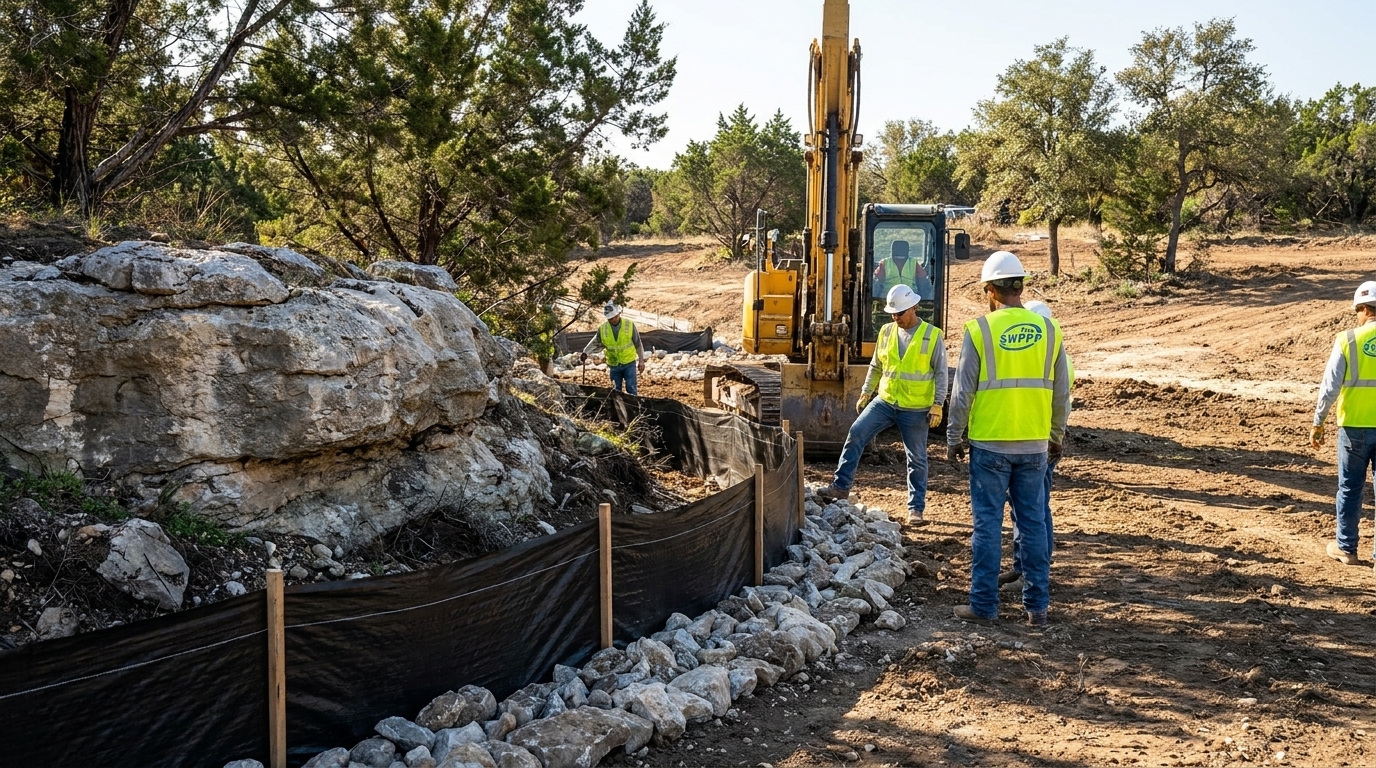 Construction site with silt fence and erosion controls near limestone outcrop in central Texas