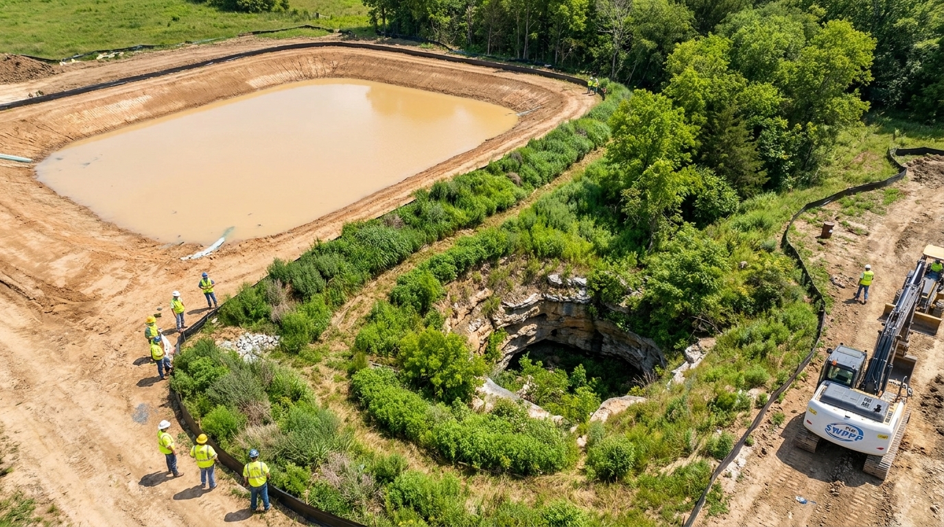 Aerial view of sediment basin and vegetated buffer zones protecting a karst recharge feature