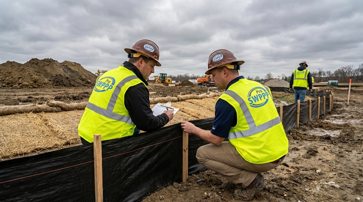 Construction site with inspector in high-visibility vest examining silt fence and erosion control measures under cloudy sky