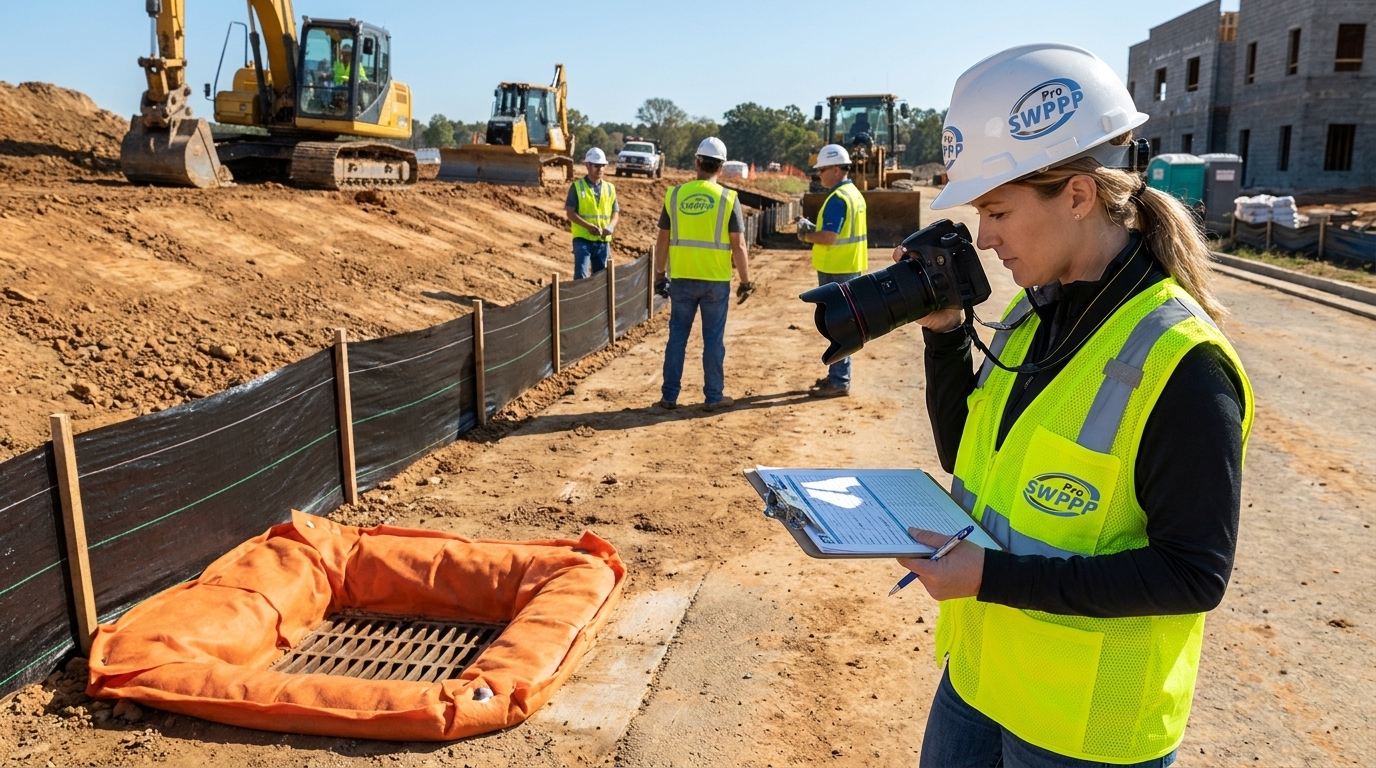 Inspector with clipboard and camera documenting inlet protection and silt fence installation at active construction site