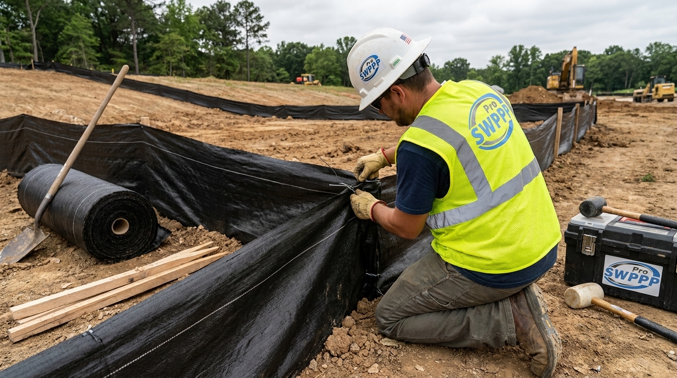 Construction worker repairing damaged silt fence with erosion control supplies and equipment nearby