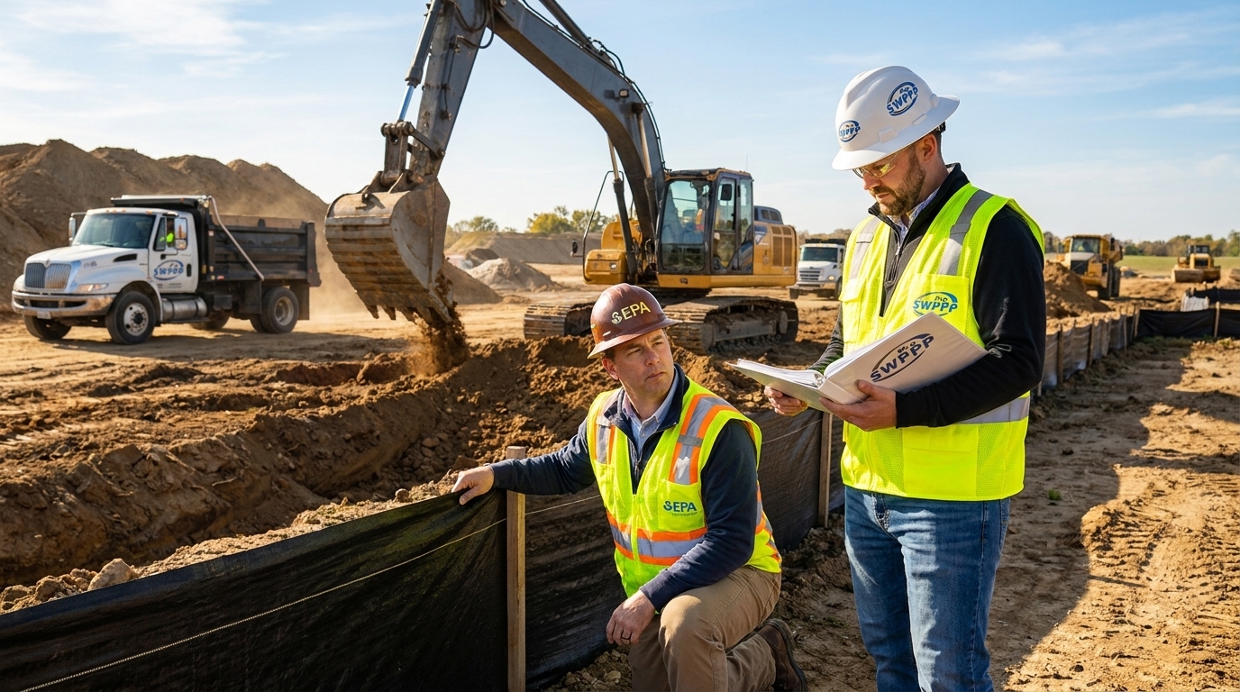 EPA inspector reviewing a SWPPP binder and sediment fence on an active construction site